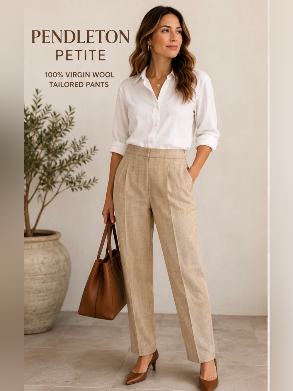 Pendleton Petite 100% Virgin Wool Tailored Straight Leg Pants Beige 12